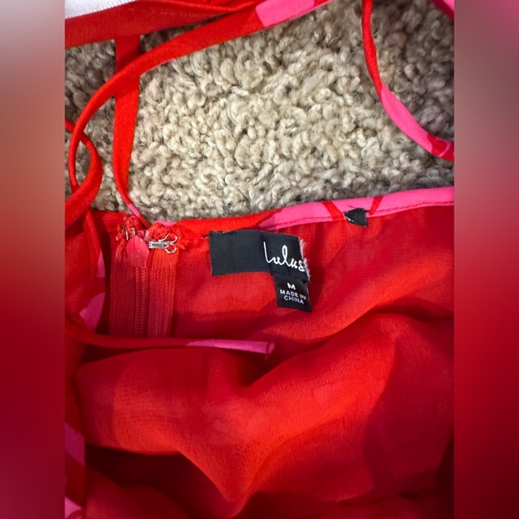 Lulus Vibrant Moment Red and Pink Floral Pleated Lace-Up Midi Dress size M - Picture 7 of 14